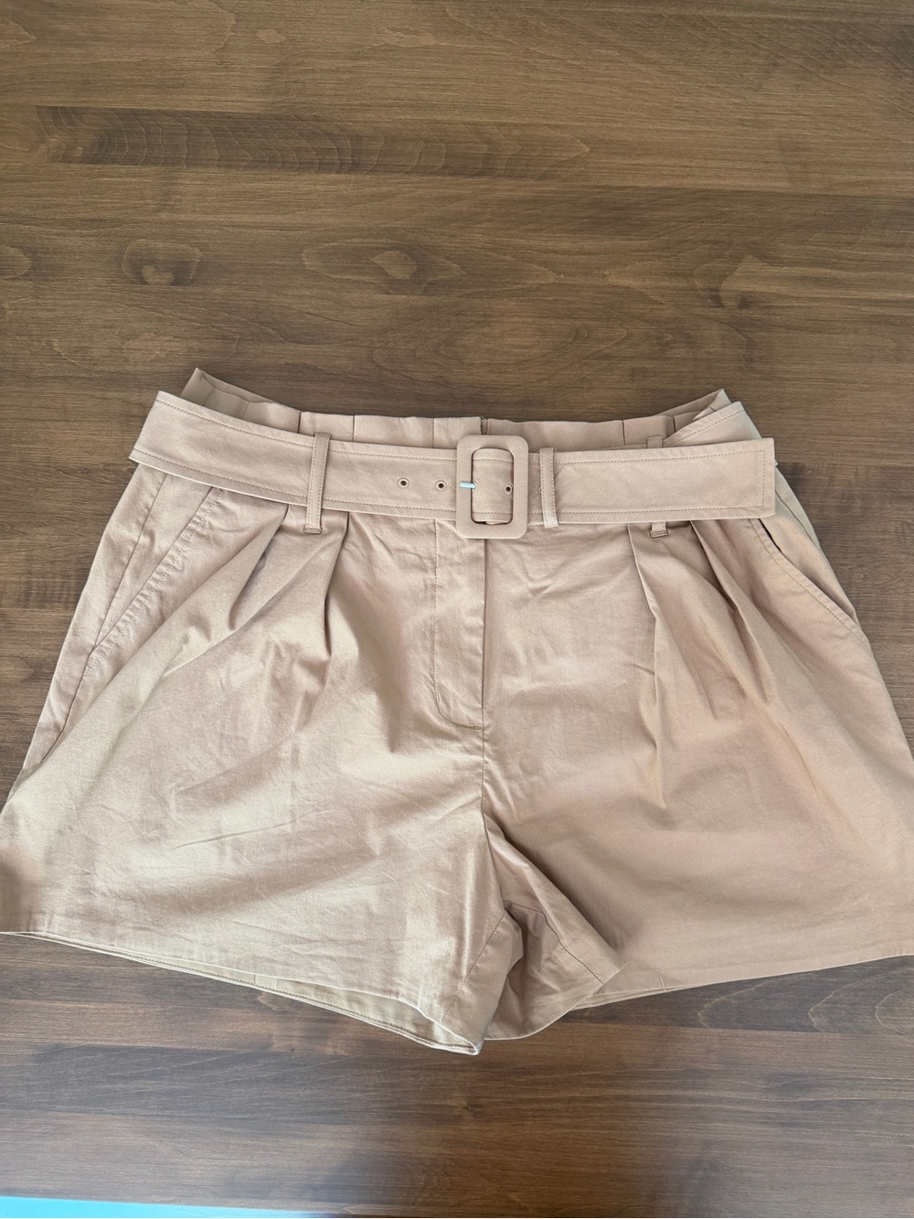 Express High-Waist Pleated Shorts with Matching Belt — Tan